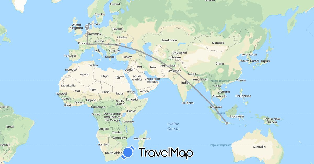 TravelMap itinerary: plane in Indonesia, Malaysia, Netherlands (Asia, Europe)